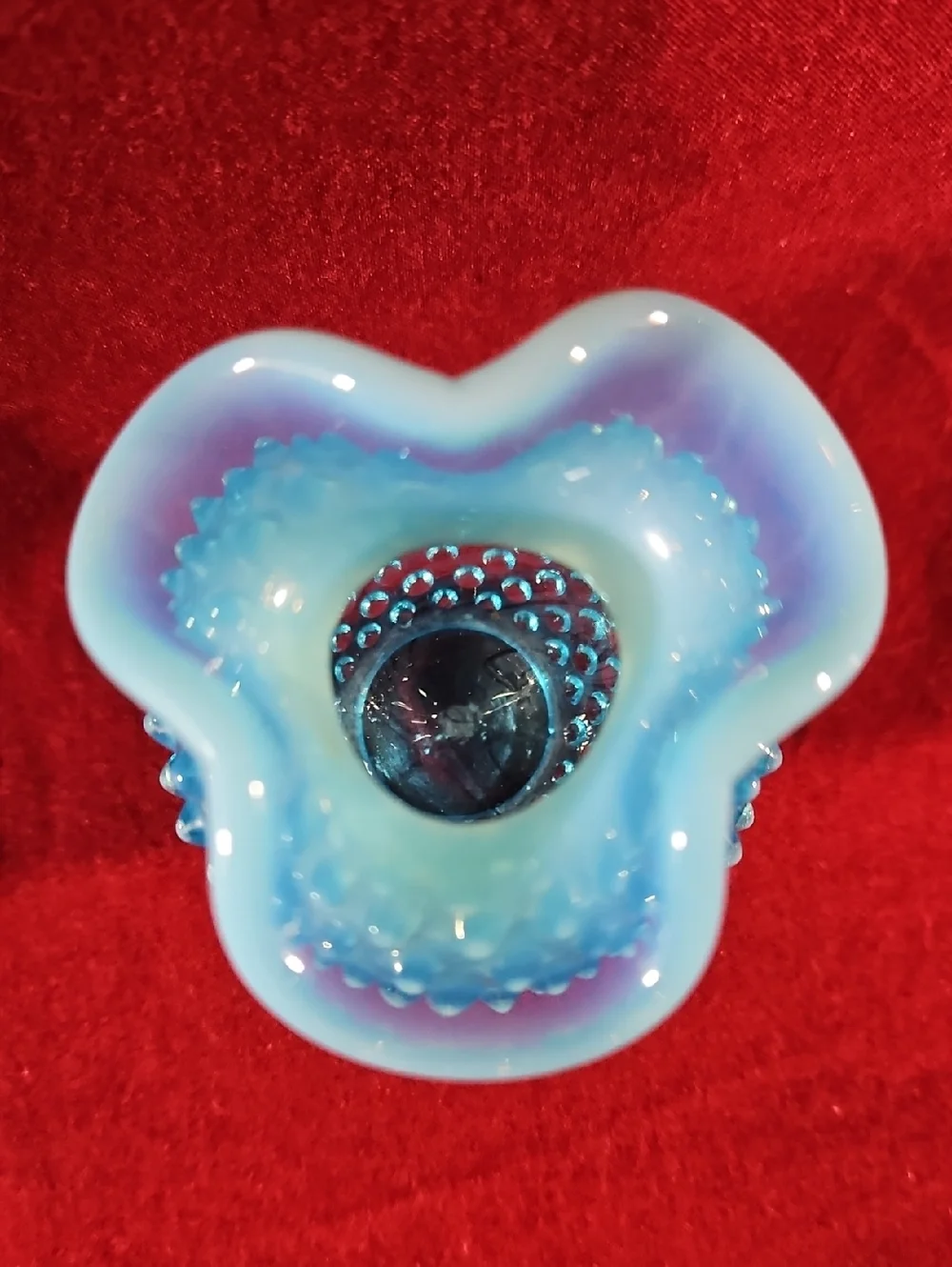 VTG Fenton Blue Opalescent Glass Hobnail Tricorn Purple Hue Crimped Rim Vase